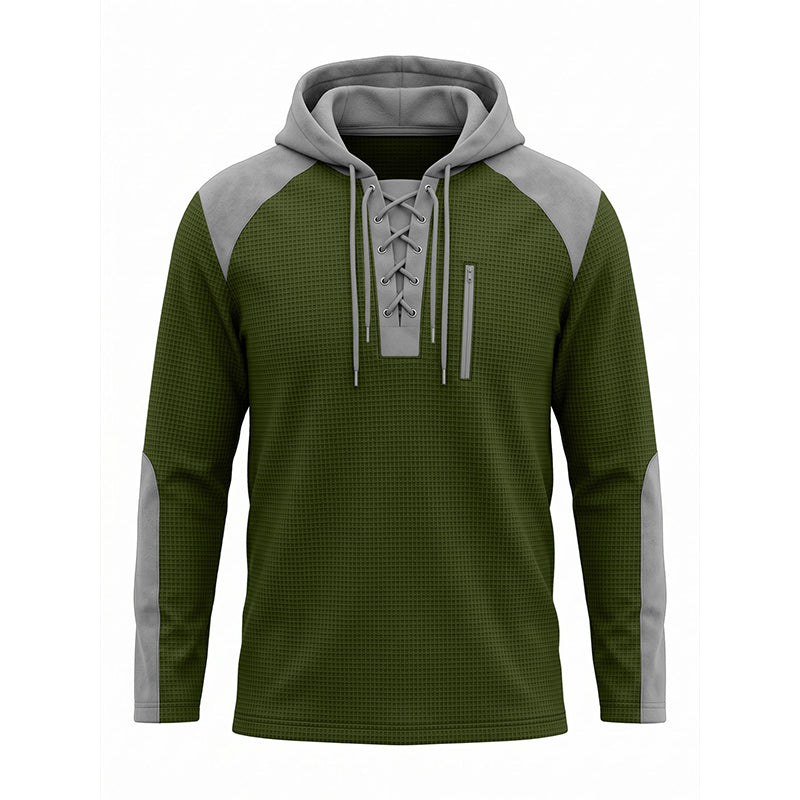 ✨ Elevated Comfort | Men's Waffle-Knit Color-Block Lace-Up Hoodie