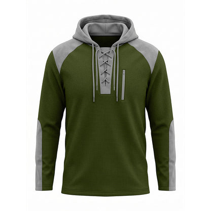 ✨ Elevated Comfort | Men's Waffle-Knit Color-Block Lace-Up Hoodie
