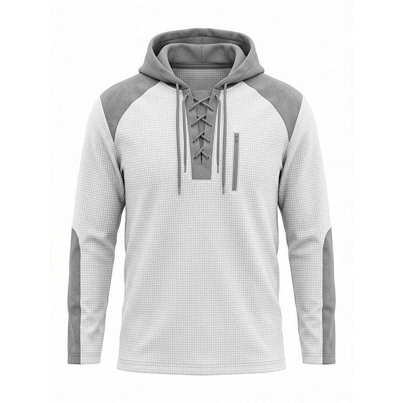 ✨ Elevated Comfort | Men's Waffle-Knit Color-Block Lace-Up Hoodie