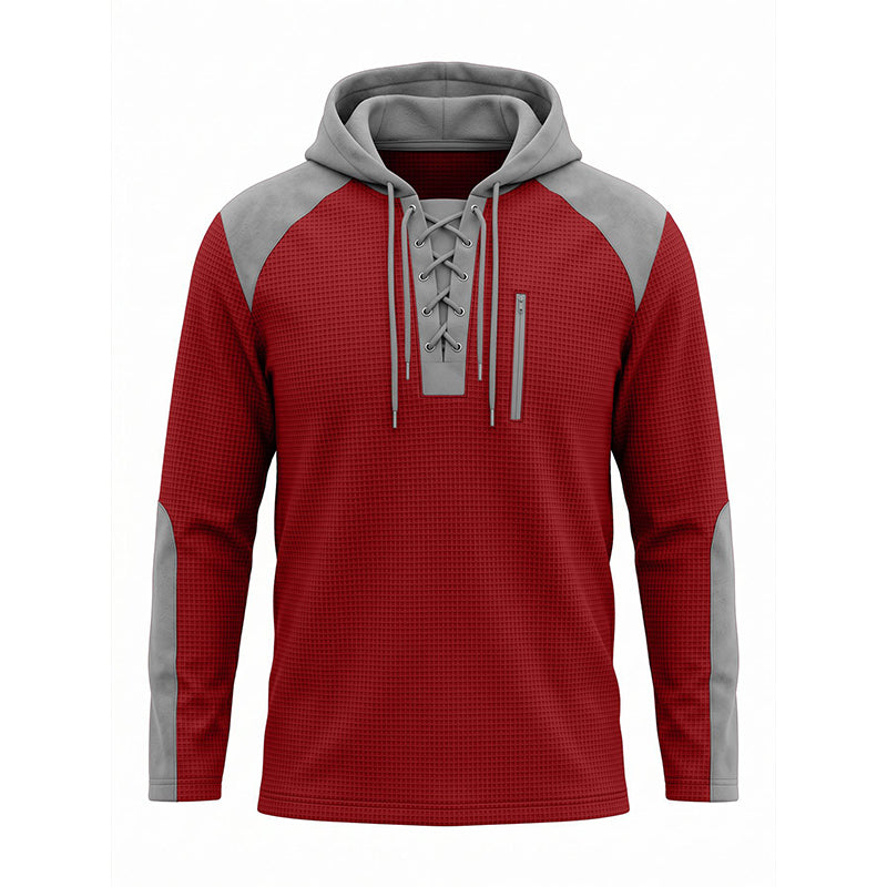 ✨ Elevated Comfort | Men's Waffle-Knit Color-Block Lace-Up Hoodie