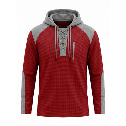 ✨ Elevated Comfort | Men's Waffle-Knit Color-Block Lace-Up Hoodie