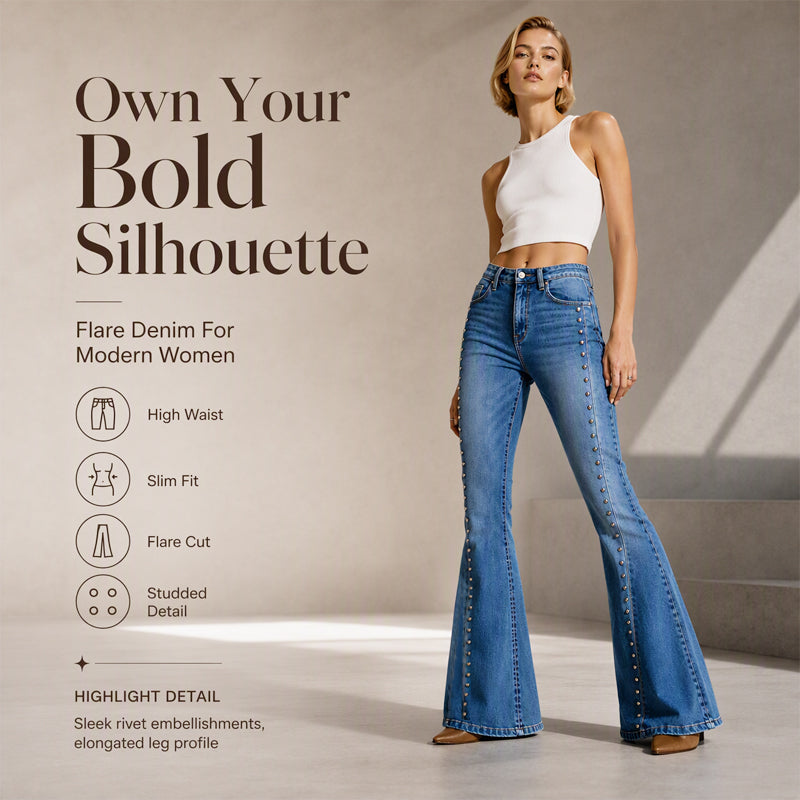✨ Standout Denim Style | Women's High-Waisted Rivet-Detail Flare Jeans
