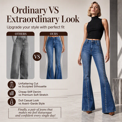 ✨ Standout Denim Style | Women's High-Waisted Rivet-Detail Flare Jeans
