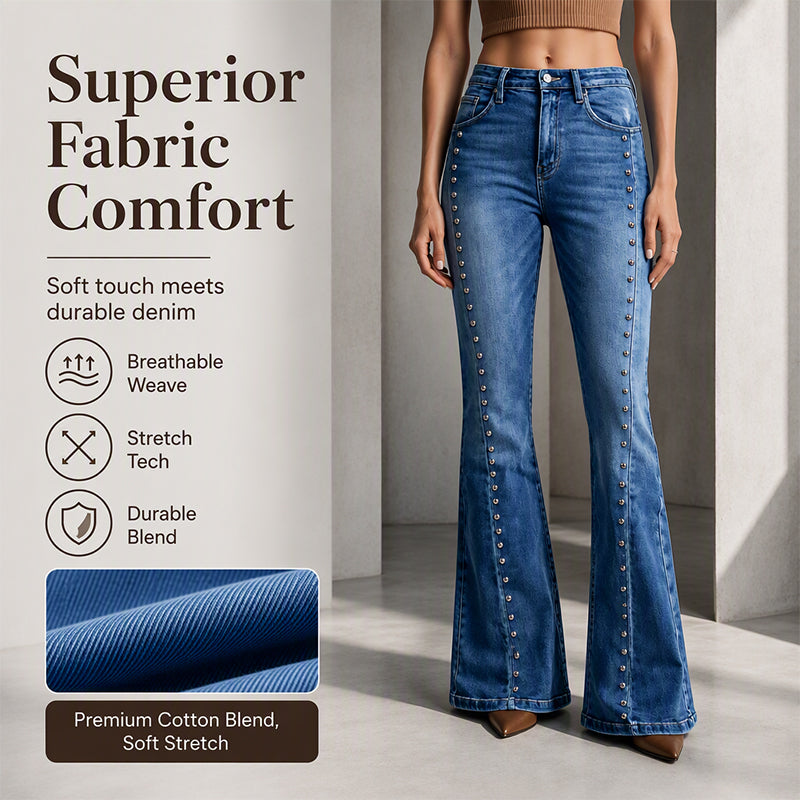 ✨ Standout Denim Style | Women's High-Waisted Rivet-Detail Flare Jeans