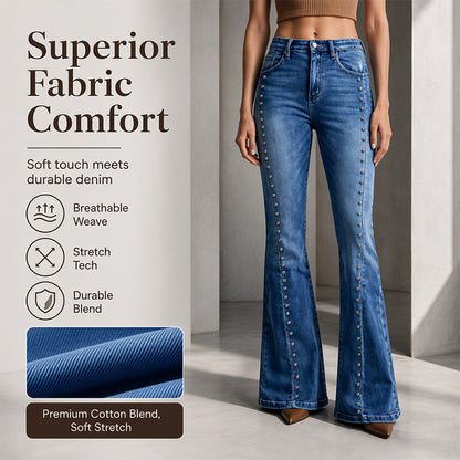 ✨ Standout Denim Style | Women's High-Waisted Rivet-Detail Flare Jeans