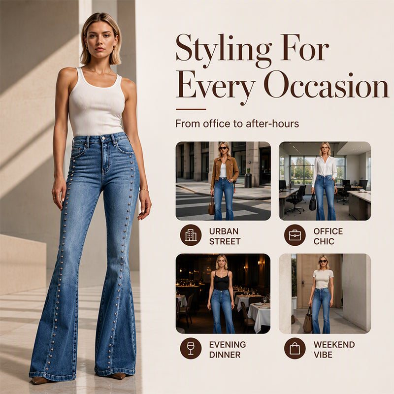 ✨ Standout Denim Style | Women's High-Waisted Rivet-Detail Flare Jeans