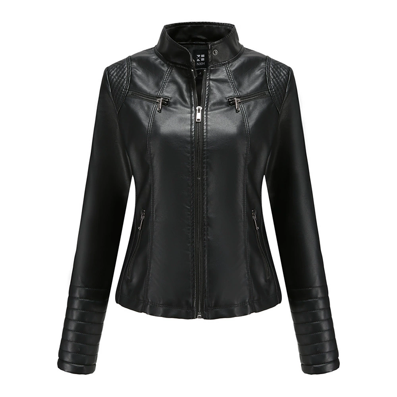 ✨ Elevated Moto Style | Women's Slim-Fit Quilted-Shoulder Faux Leather Jacket