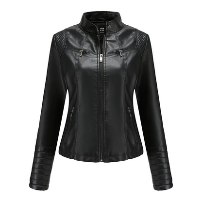 ✨ Elevated Moto Style | Women's Slim-Fit Quilted-Shoulder Faux Leather Jacket