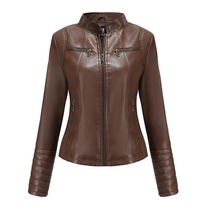 ✨ Elevated Moto Style | Women's Slim-Fit Quilted-Shoulder Faux Leather Jacket