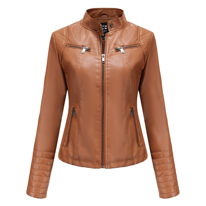 ✨ Elevated Moto Style | Women's Slim-Fit Quilted-Shoulder Faux Leather Jacket