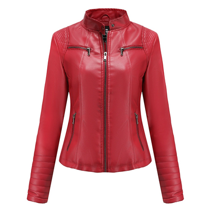 ✨ Elevated Moto Style | Women's Slim-Fit Quilted-Shoulder Faux Leather Jacket