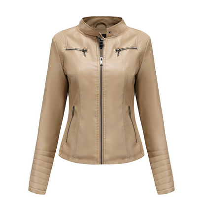 ✨ Elevated Moto Style | Women's Slim-Fit Quilted-Shoulder Faux Leather Jacket