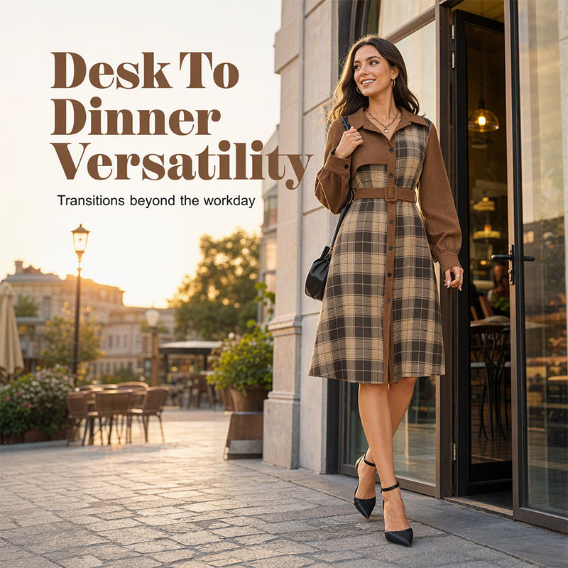 ✨ Polished Elegance | Women's Belted Plaid Button-Front Midi Dress