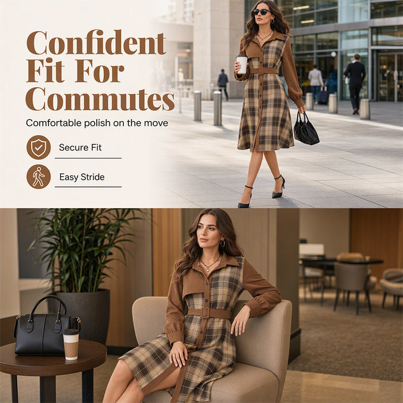✨ Polished Elegance | Women's Belted Plaid Button-Front Midi Dress