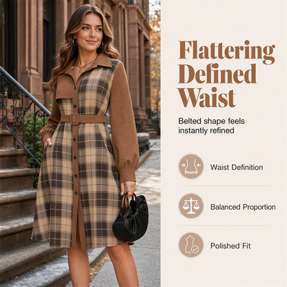 ✨ Polished Elegance | Women's Belted Plaid Button-Front Midi Dress
