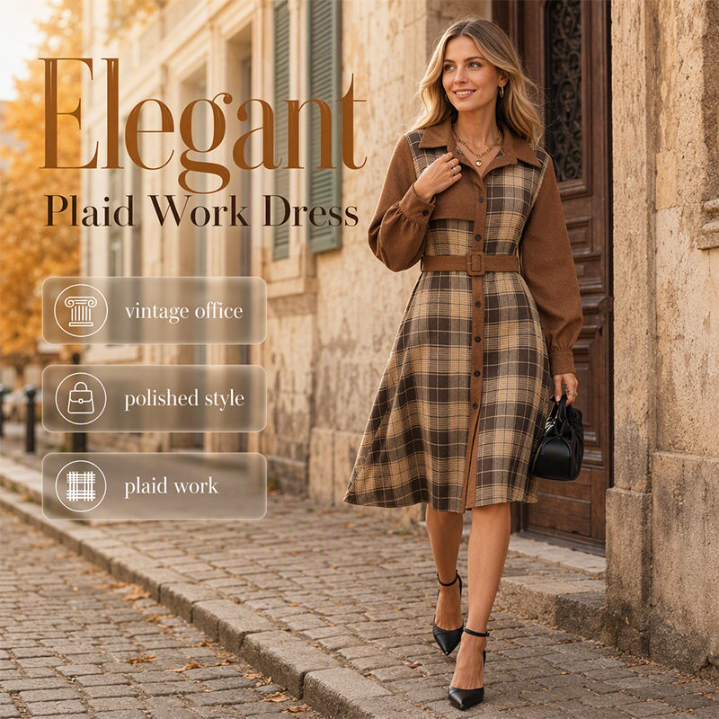 ✨ Polished Elegance | Women's Belted Plaid Button-Front Midi Dress