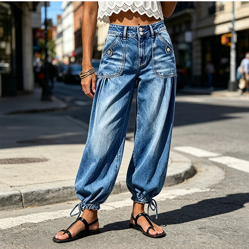 ✨ Flattering Denim Style | Women's High-Waisted Adjustable-Hem Barrel Jeans
