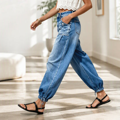 ✨ Flattering Denim Style | Women's High-Waisted Adjustable-Hem Barrel Jeans