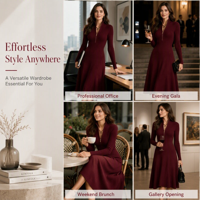 ⌛Limited-Time Offer-Women’s Ribbed Knit Slim Fit Half-Zip Dress