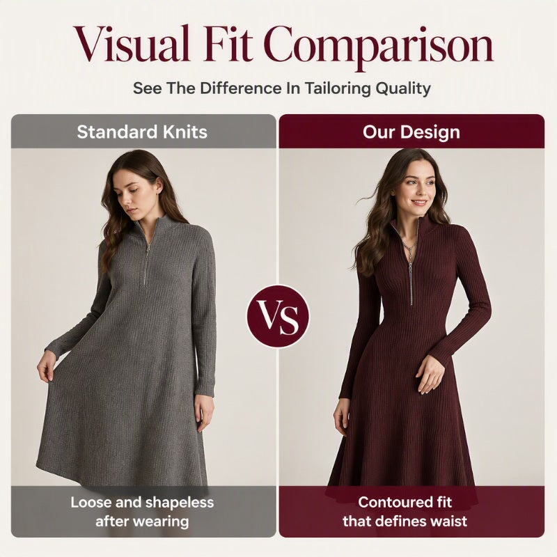 ⌛Limited-Time Offer-Women’s Ribbed Knit Slim Fit Half-Zip Dress