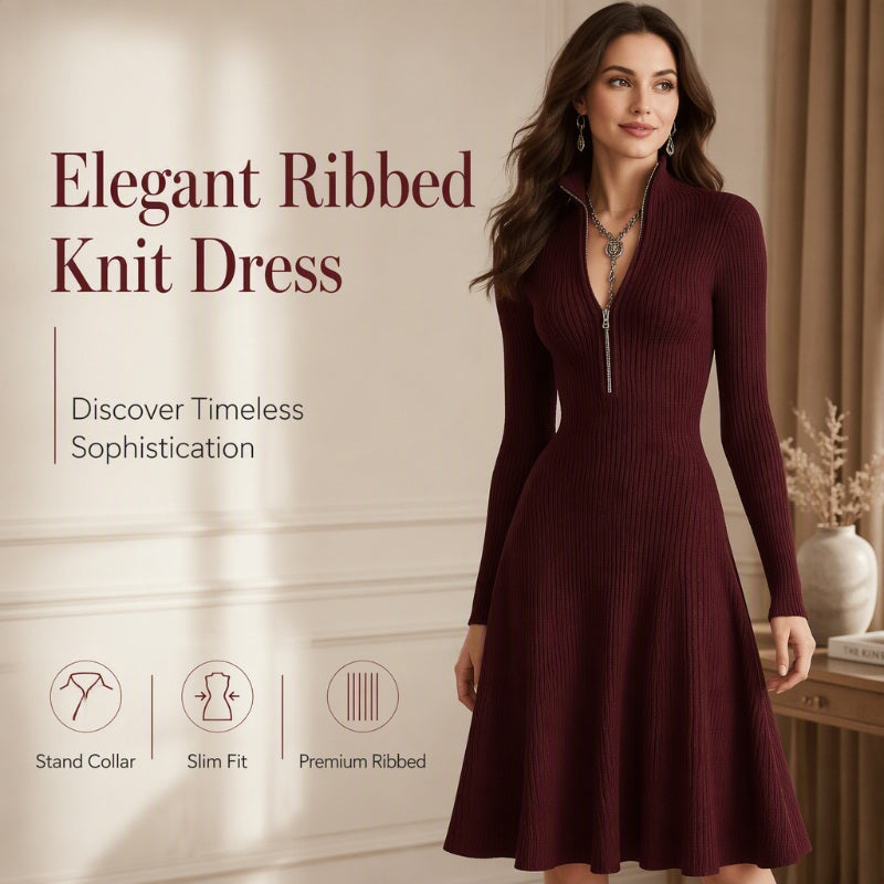 ⌛Limited-Time Offer-Women’s Ribbed Knit Slim Fit Half-Zip Dress