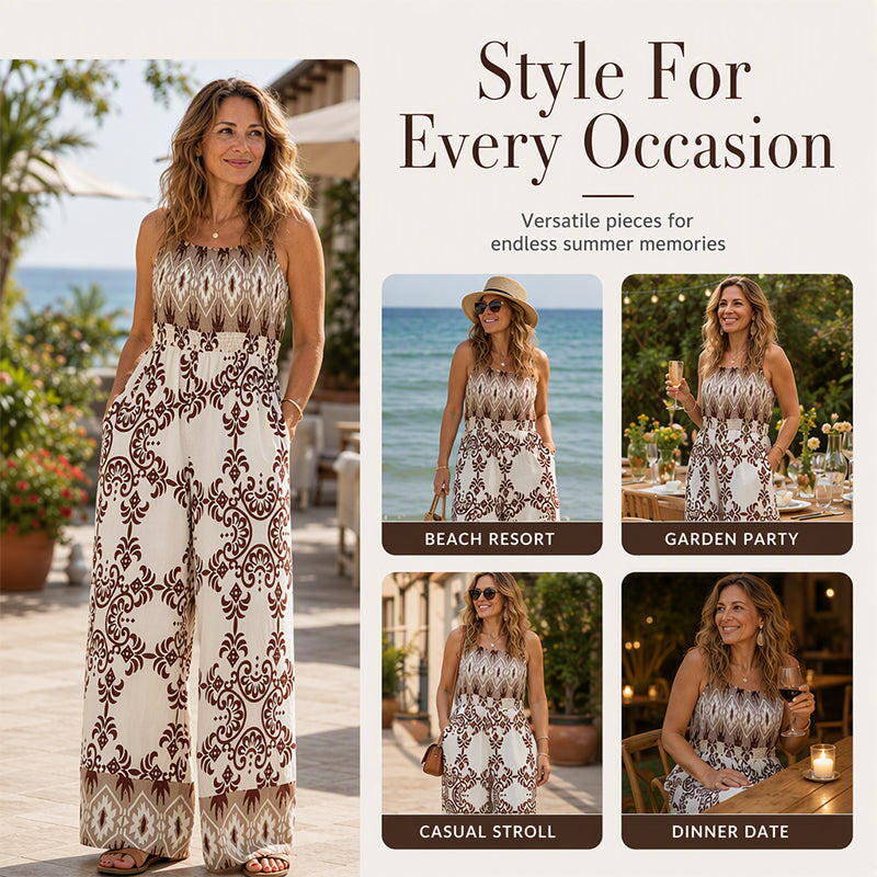 ⌛Limited-Time Offer-Women's Bohemian Print Smocked Jumpsuit