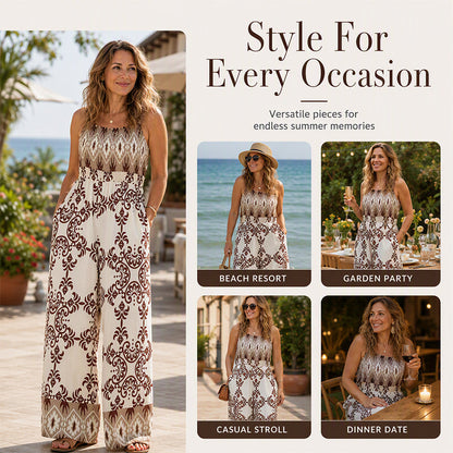 ⌛Limited-Time Offer-Women's Bohemian Print Smocked Jumpsuit