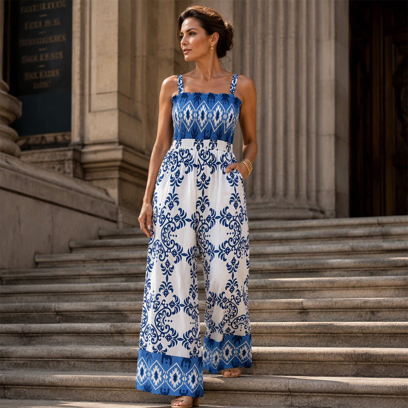 ⌛Limited-Time Offer-Women's Bohemian Print Smocked Jumpsuit