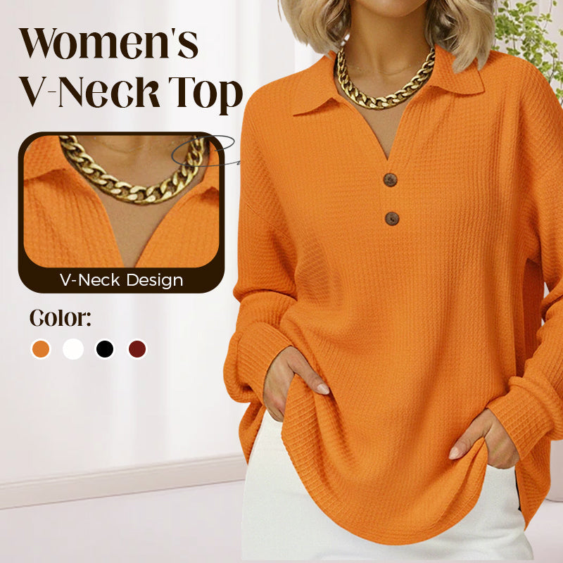 ⌛Limited-Time Offer-Women's V-Neck Waffle Knit Long Sleeve Top