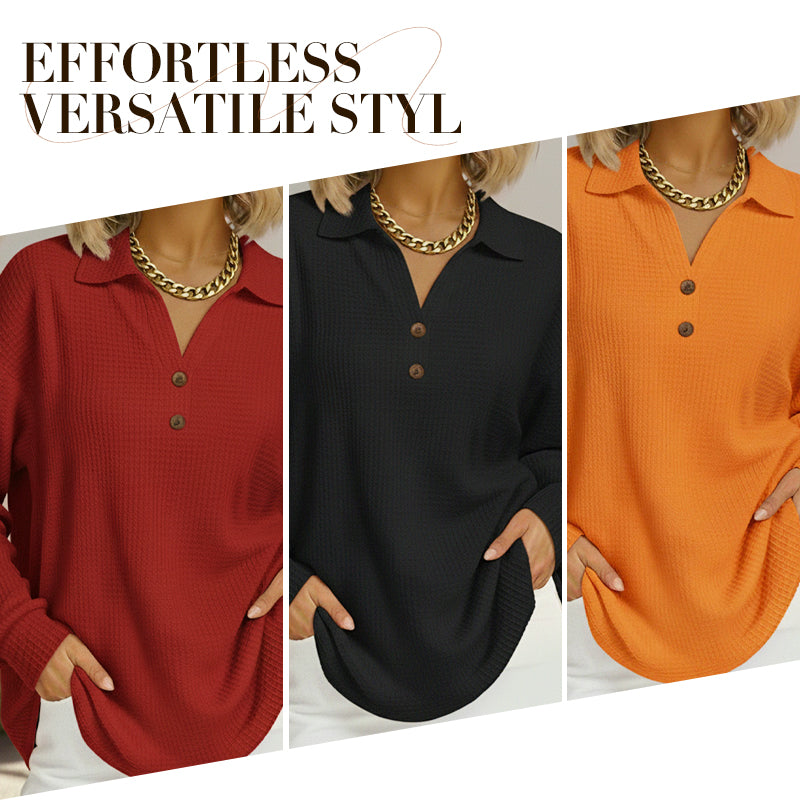 ⌛Limited-Time Offer-Women's V-Neck Waffle Knit Long Sleeve Top
