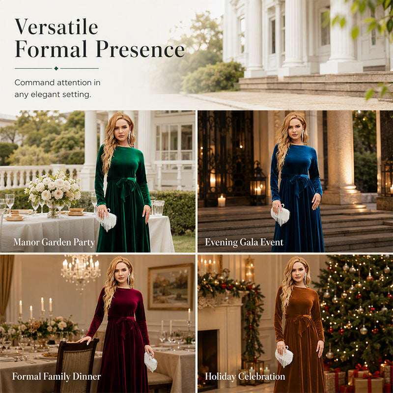 Women's Elegant Velvet Long Sleeve Maxi Dress