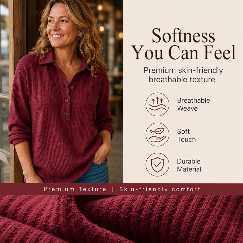 ✨ Easy Everyday Comfort | Women's Waffle-Knit Henley Long-Sleeve Top