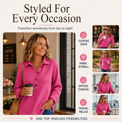 ✨ Easy Everyday Comfort | Women's Waffle-Knit Henley Long-Sleeve Top
