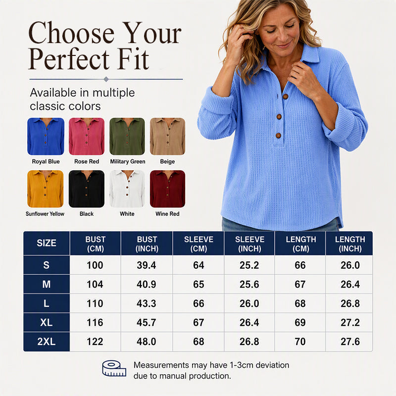 ✨ Easy Everyday Comfort | Women's Waffle-Knit Henley Long-Sleeve Top