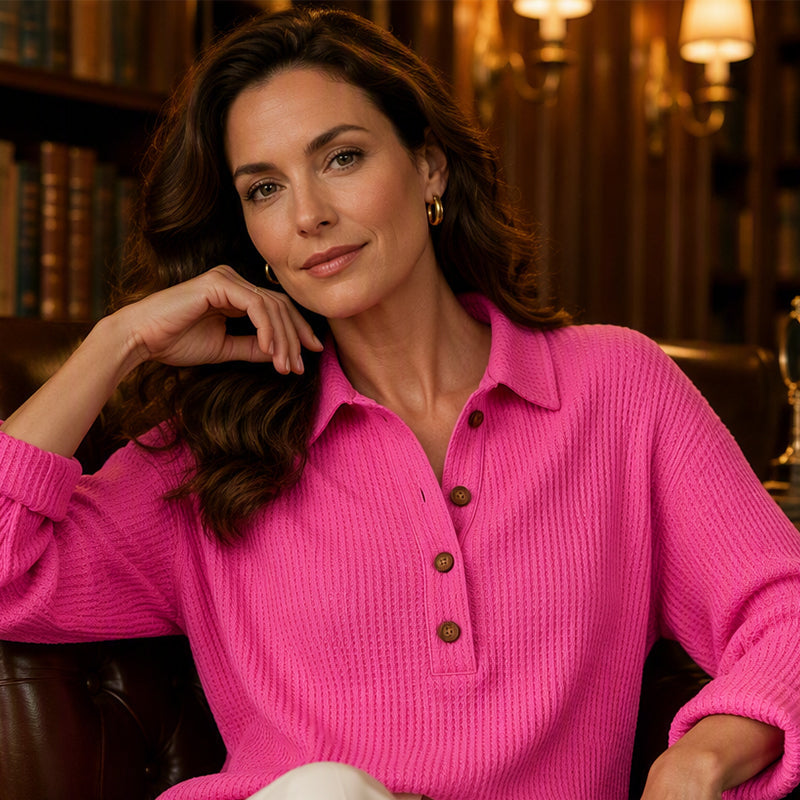 ✨ Easy Everyday Comfort | Women's Waffle-Knit Henley Long-Sleeve Top