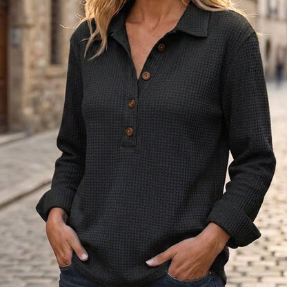 ✨ Easy Everyday Comfort | Women's Waffle-Knit Henley Long-Sleeve Top
