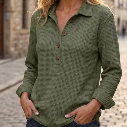 ✨ Easy Everyday Comfort | Women's Waffle-Knit Henley Long-Sleeve Top