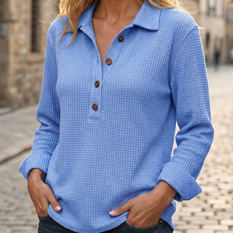✨ Easy Everyday Comfort | Women's Waffle-Knit Henley Long-Sleeve Top