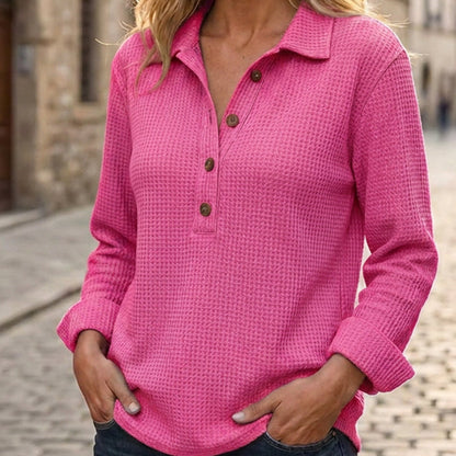 ✨ Easy Everyday Comfort | Women's Waffle-Knit Henley Long-Sleeve Top