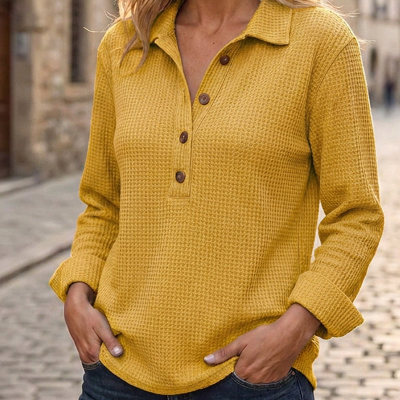 ✨ Easy Everyday Comfort | Women's Waffle-Knit Henley Long-Sleeve Top