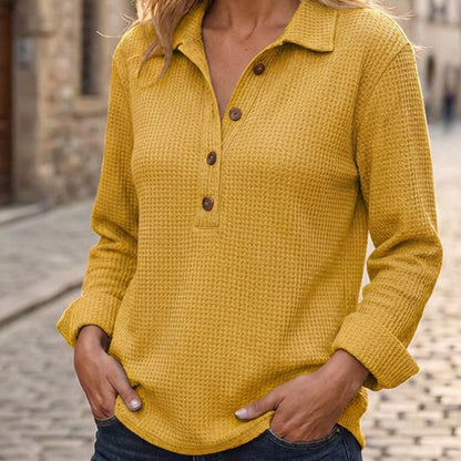 ✨ Easy Everyday Comfort | Women's Waffle-Knit Henley Long-Sleeve Top