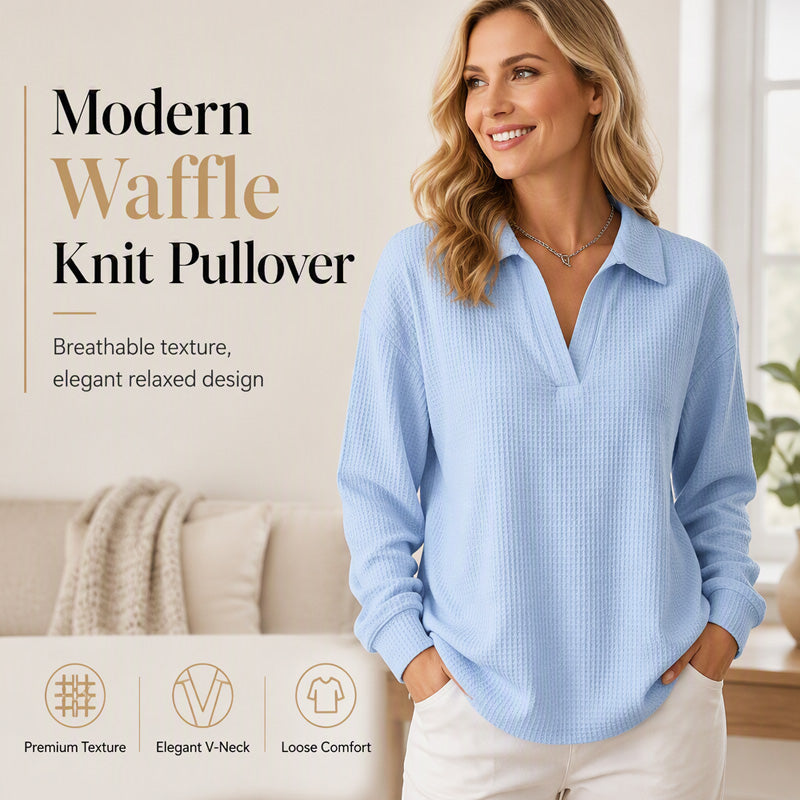 ✨ Textured Comfort | Women's Waffle-Knit V-Neck Relaxed-Fit Top