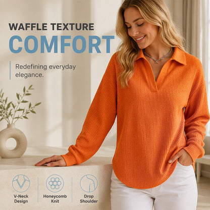 ✨ Textured Comfort | Women's Waffle-Knit V-Neck Relaxed-Fit Top