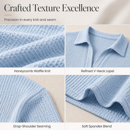✨ Textured Comfort | Women's Waffle-Knit V-Neck Relaxed-Fit Top