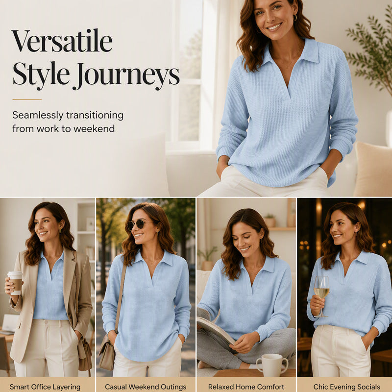 ✨ Textured Comfort | Women's Waffle-Knit V-Neck Relaxed-Fit Top