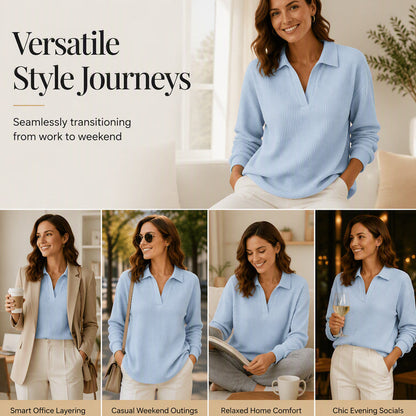 ✨ Textured Comfort | Women's Waffle-Knit V-Neck Relaxed-Fit Top
