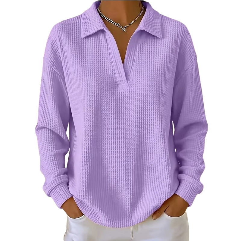 ✨ Textured Comfort | Women's Waffle-Knit V-Neck Relaxed-Fit Top