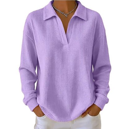 ✨ Textured Comfort | Women's Waffle-Knit V-Neck Relaxed-Fit Top