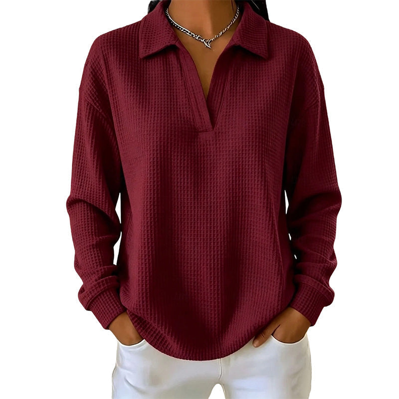 ✨ Textured Comfort | Women's Waffle-Knit V-Neck Relaxed-Fit Top