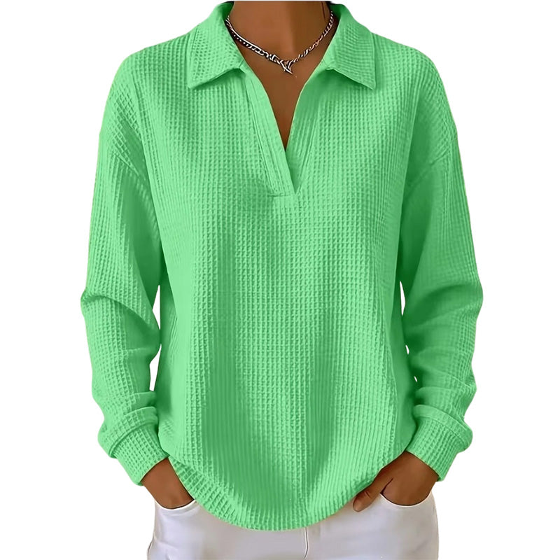 ✨ Textured Comfort | Women's Waffle-Knit V-Neck Relaxed-Fit Top